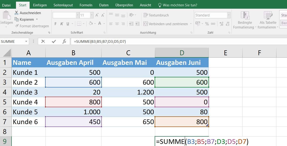 Excel 2016: SUMME-Formel mit sechs Argumenten