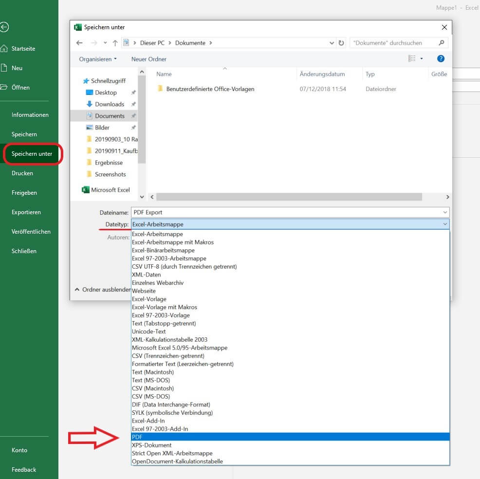 Screenshot MS Excel „Speichern unter“ und Wahl des Dateityps