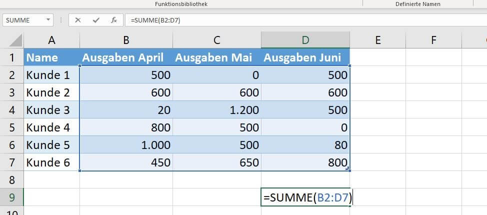 Excel: Summe berechnen (gesamte Tabelle)