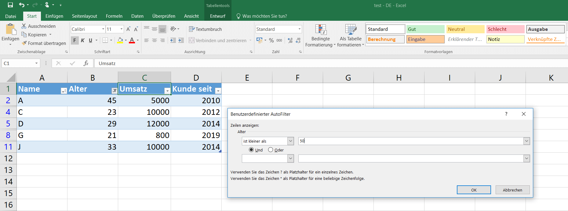 Excel-Tabelle mit benutzerdefinierter Filterung