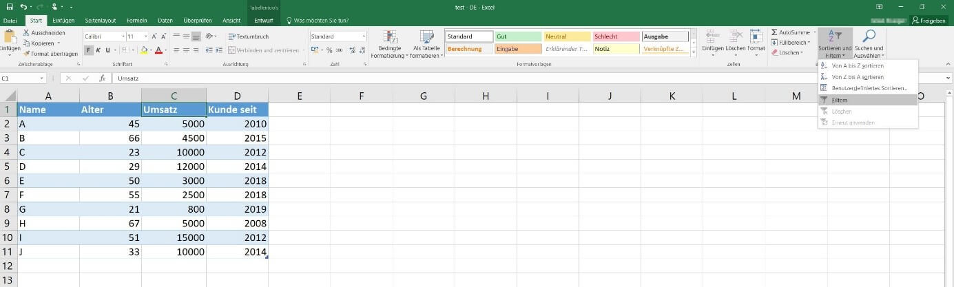 Excel-Tabelle ohne Filter-/Sortierfunktion
