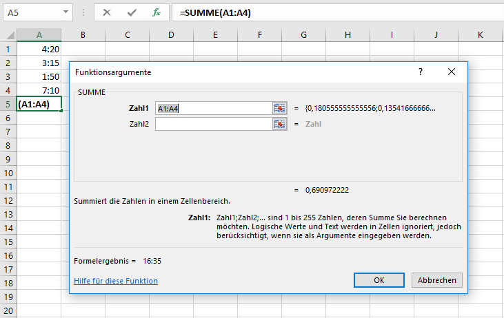 Fenster mit Eingabemöglichkeiten für die SUMME-Funktion, um in Excel Zeiten zu addieren