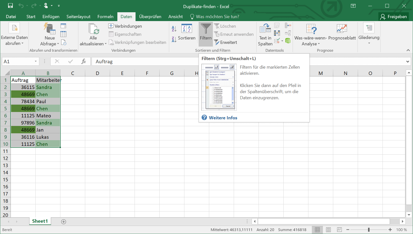 Filter-Funktion in Excel
