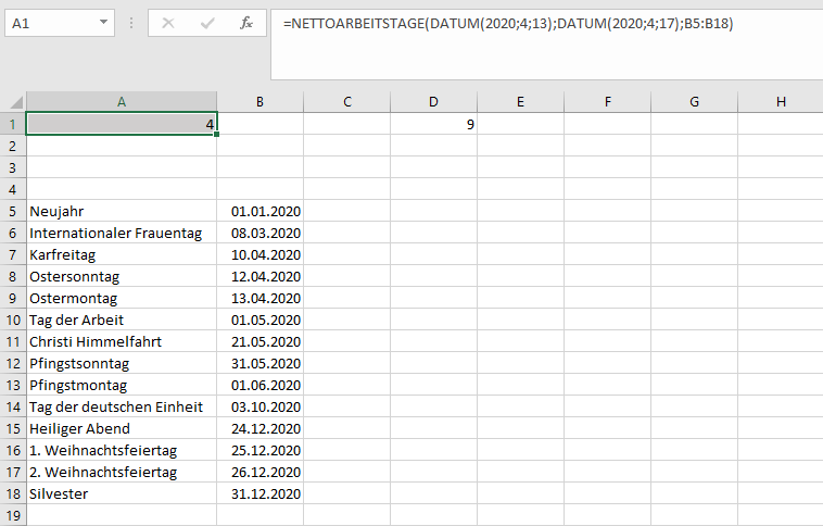 Funktion NETTOARBEITSTAGE in Excel