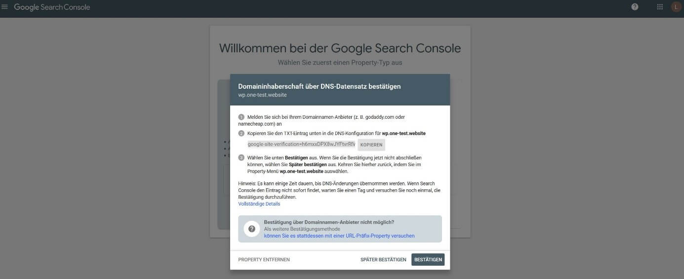 Google Search Console: Dialog „Bestätigung der Domaininhaberschaft”