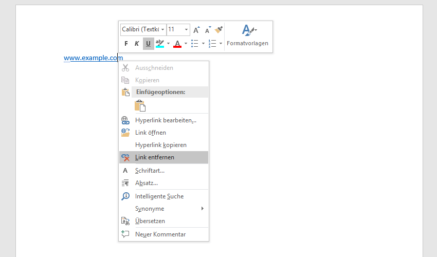Microsoft-Word-Dokument mit zu entfernendem Hyperlink