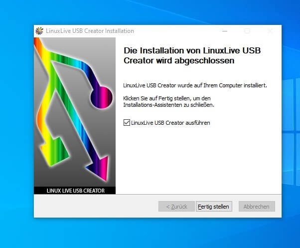 Installationsabschluss vom LinuxLive USB Creator