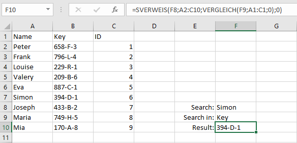 Kombination in Excel aus VERGLEICH und SVERWEIS