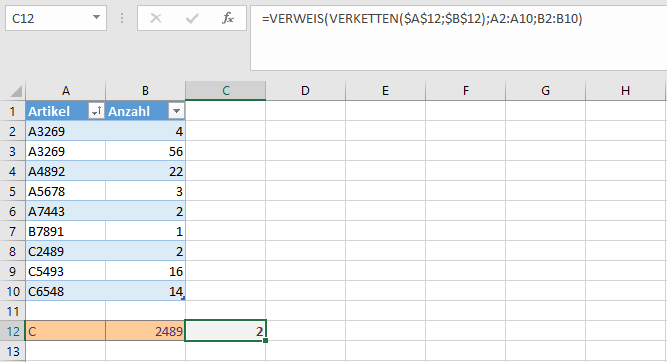 Kombination in Excel aus VERWEIS und VERKETTEN