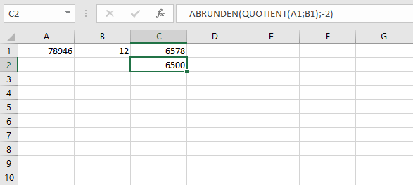 Kombination in Excel von ABRUNDEN und QUOTIENT