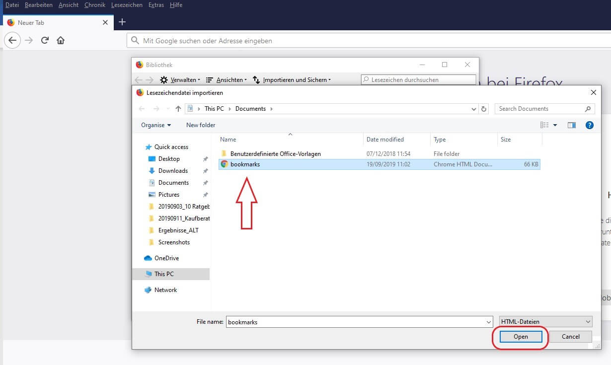 Screenshot „Lesezeichen importieren“ und HTML-Datei auswählen