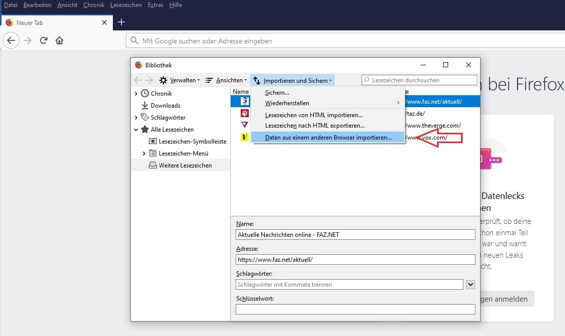 Screenshot „Lesezeichen aus einem anderen Browser importieren“