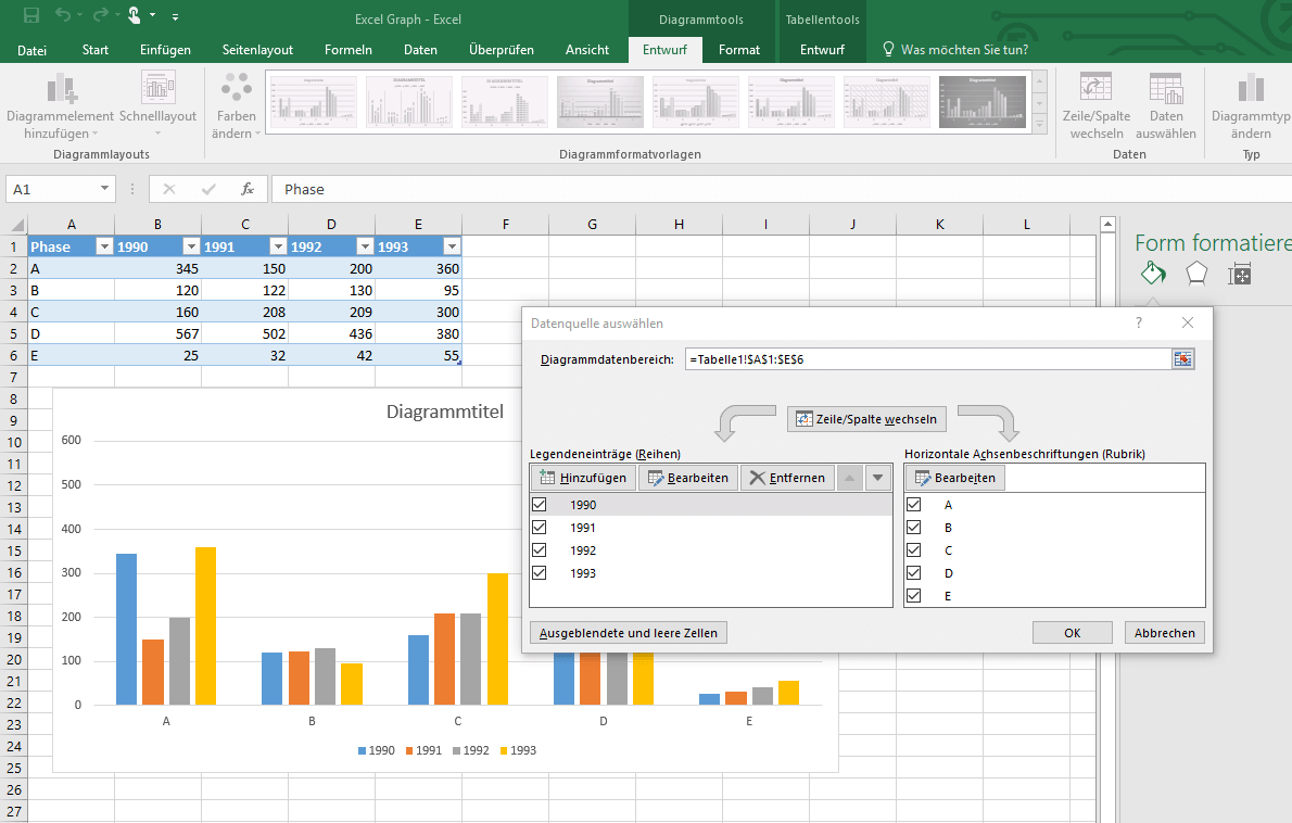 Menüfenster, mit dem sich der Datenbereich für Excel-Diagramme konfigurieren lässt