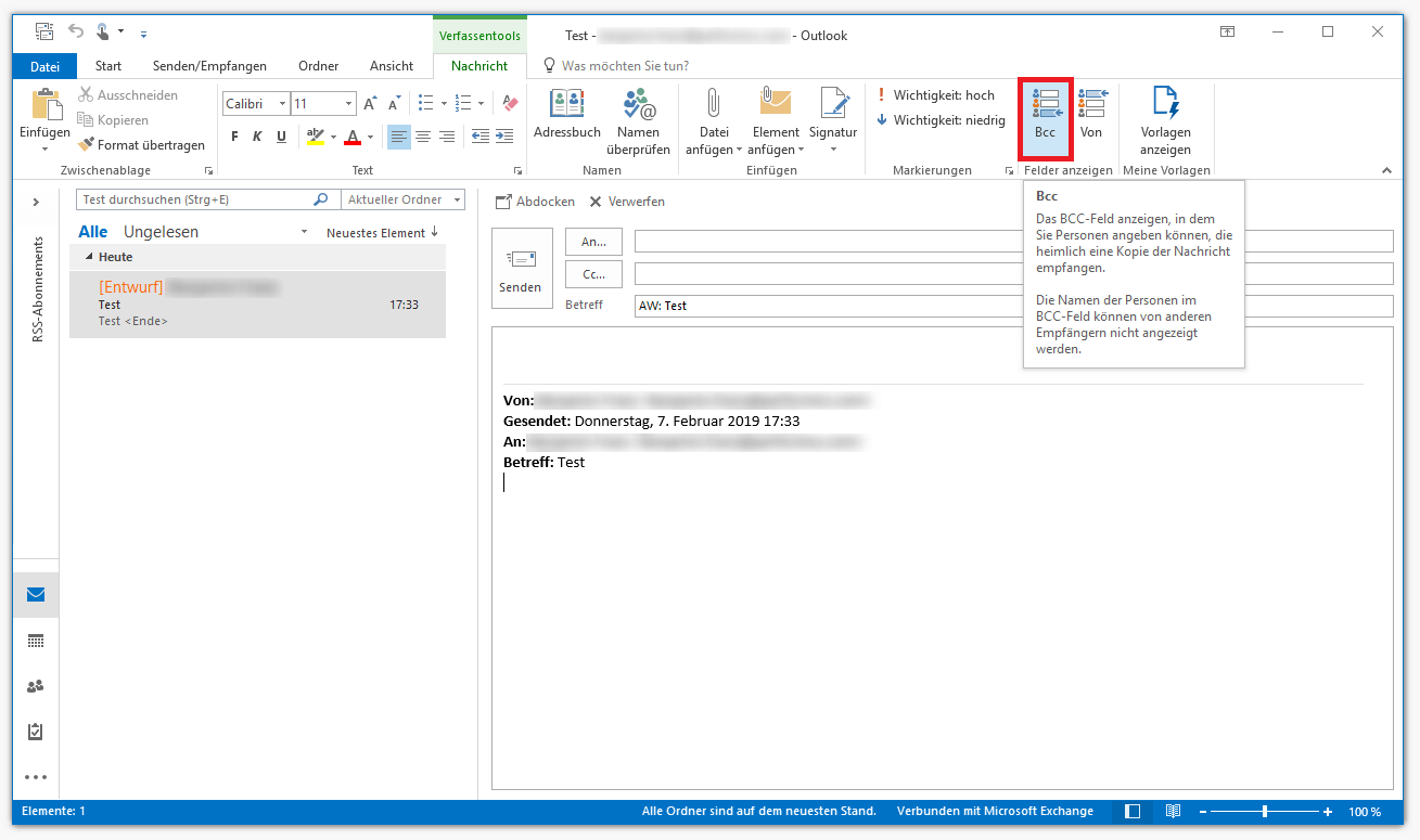 Outlook 2016: Die Schaltfläche „Bcc“ auf der Registerkarte „Nachricht“