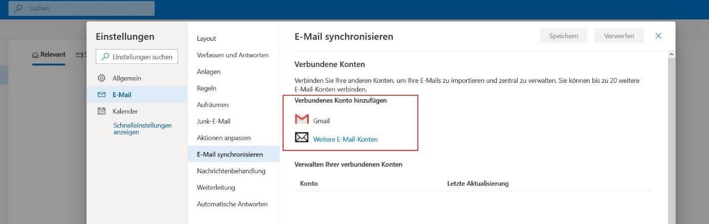 Outlook im Web: „E-Mail synchronisieren“-Menü