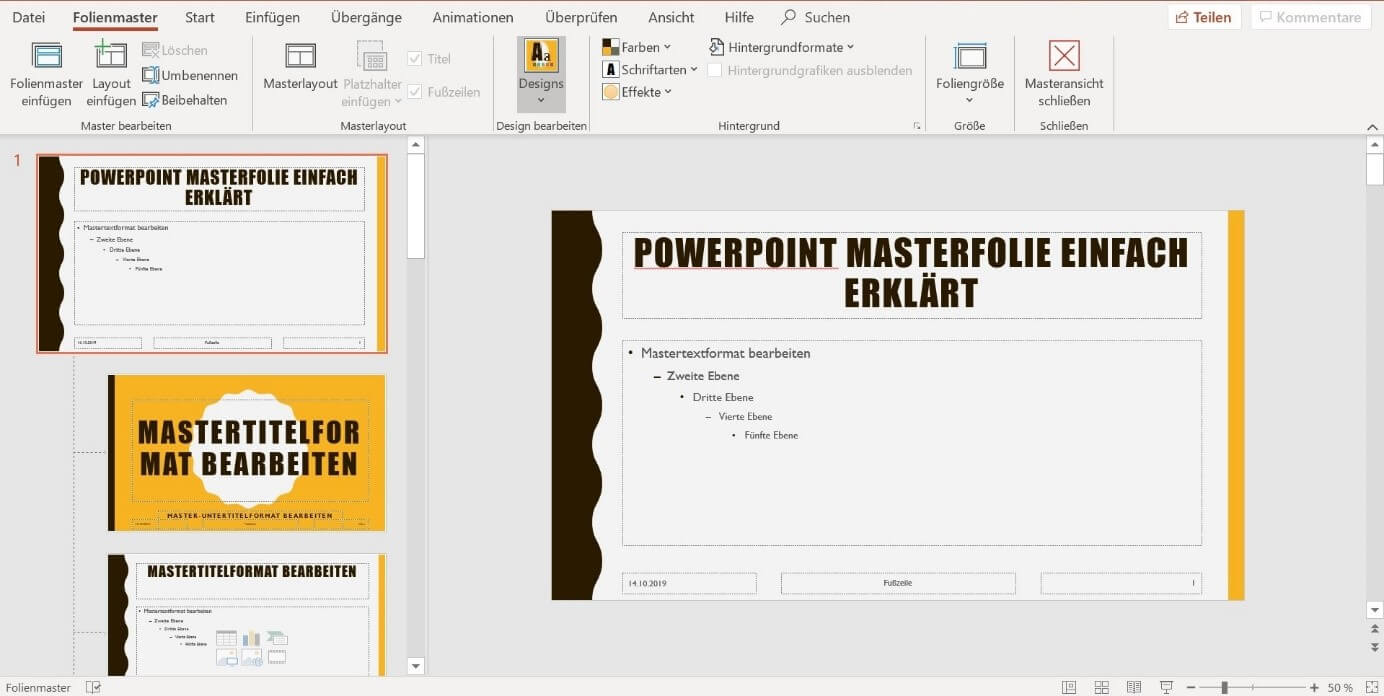 Masterfolie mit einer Designvorlage bei PowerPoint 2019