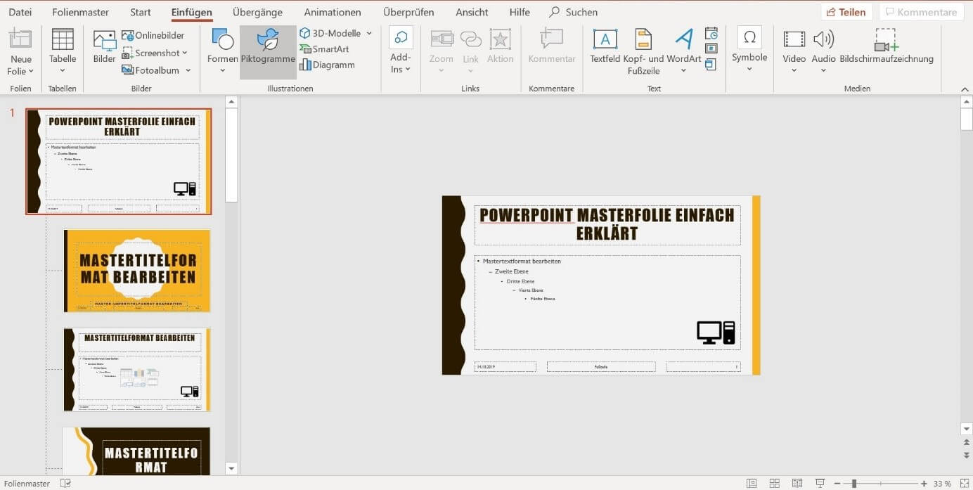 Masterfolie mit einem eingefügten Piktogramm bei PowerPoint 2019