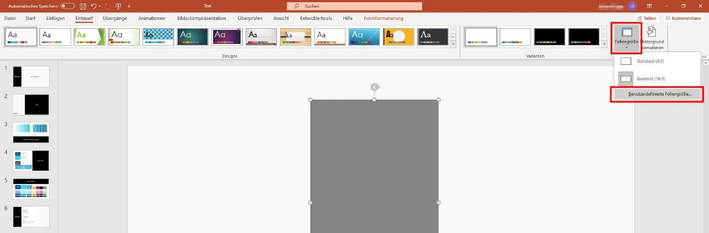 „Foliengröße“-Schaltfläche in PowerPoint 2016
