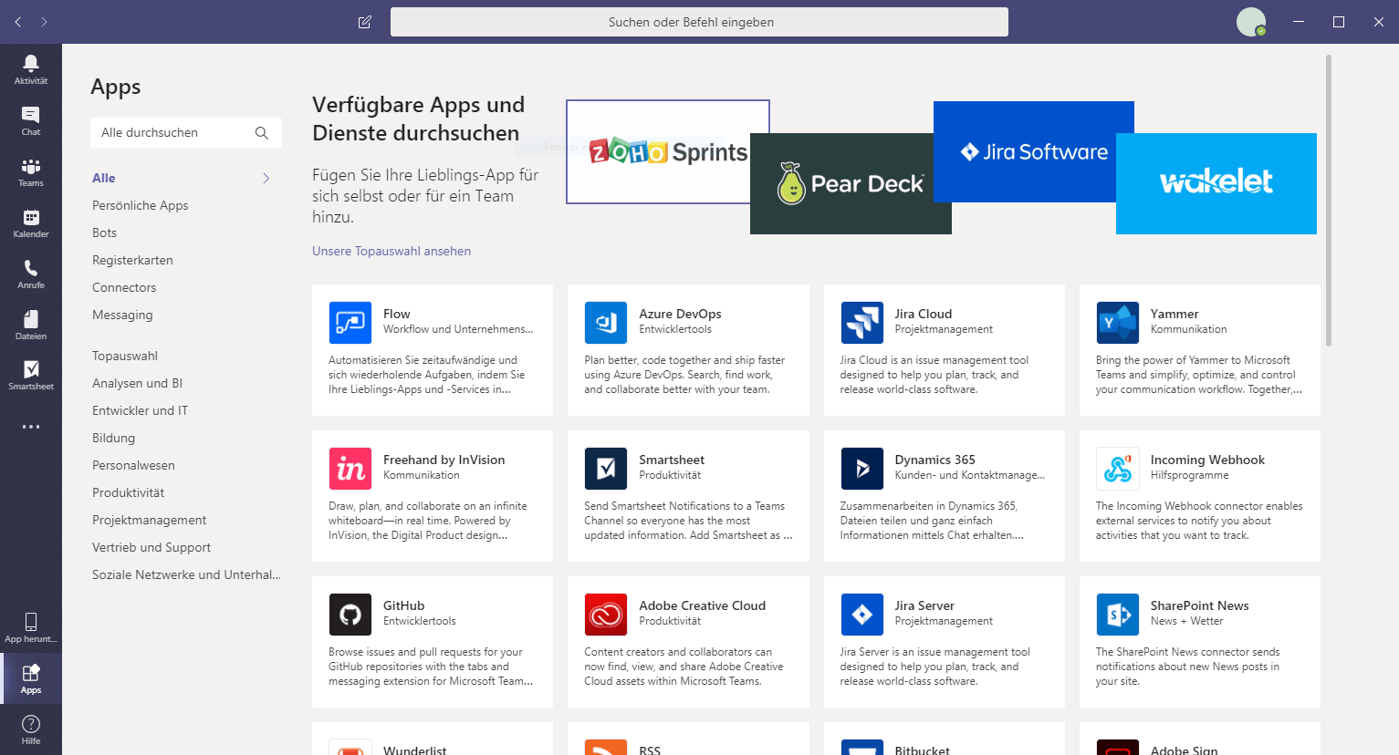 Apps zur Integration in Microsoft Teams
