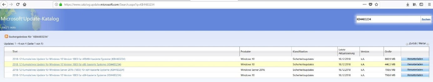 Suchergebnisse im Microsoft Update-Katalog