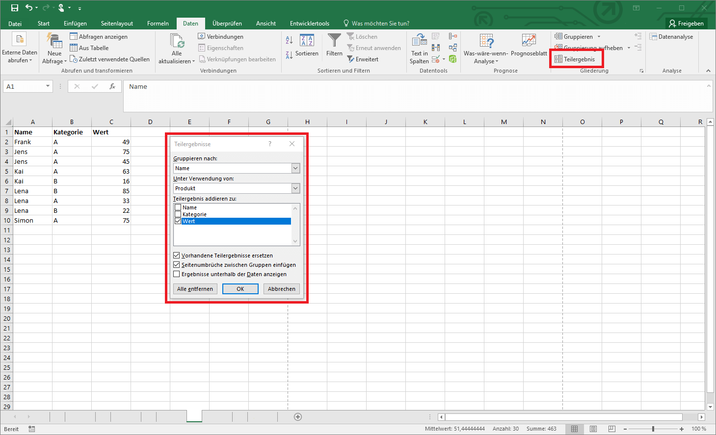 Teilergebnis-Tool in Excel
