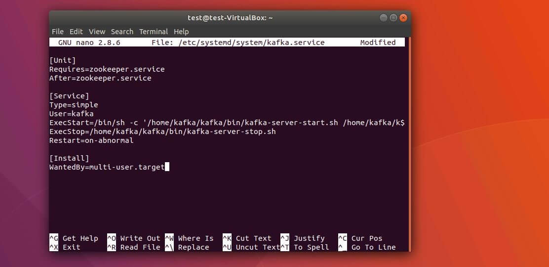 Ubuntu-Terminal: Datei kafka.service im nano-Editor