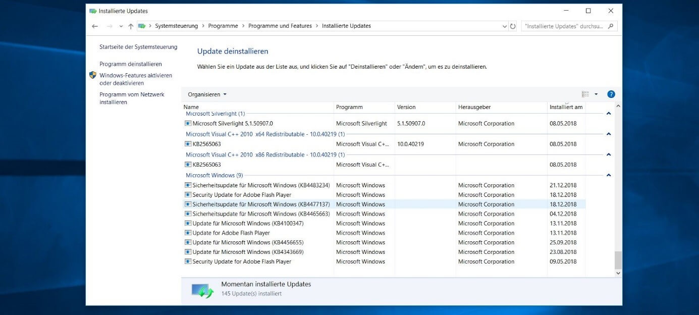 Übersicht installierter Updates in Windows 10