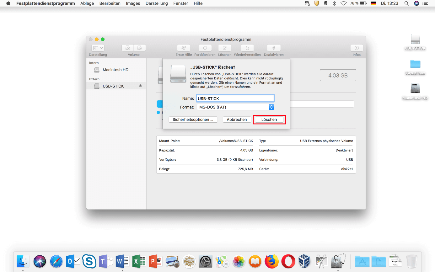USB formatieren am Mac: „Löschen“-Dialog