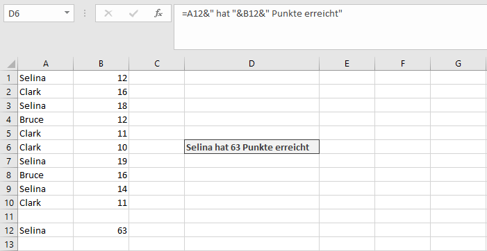 Verkettung von mehreren Zellen und Text in einer Excel-Tabelle