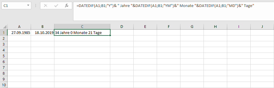 Verkettung mehrerer DATEDIF-Funktionen in Excel