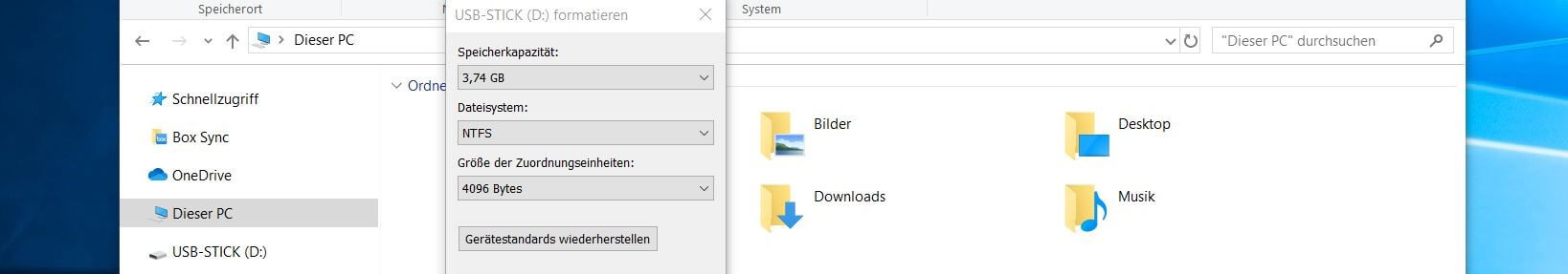 Windows 10: Dialog „USB-Stick formatieren“