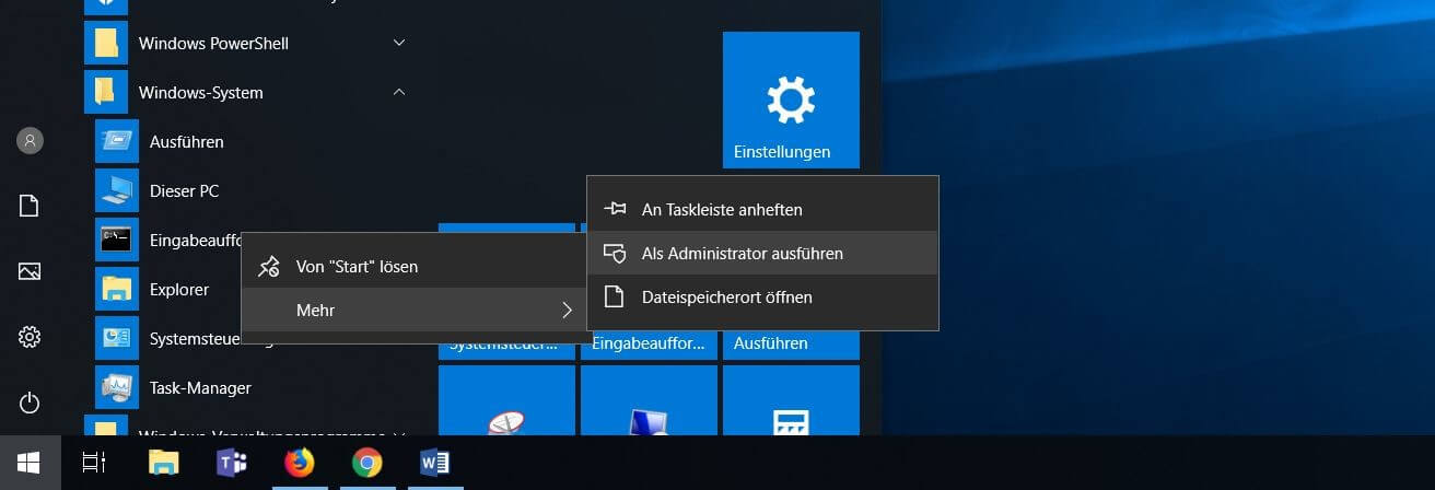 Windows 10: „Eingabeaufforderung“-Icon im Startmenü