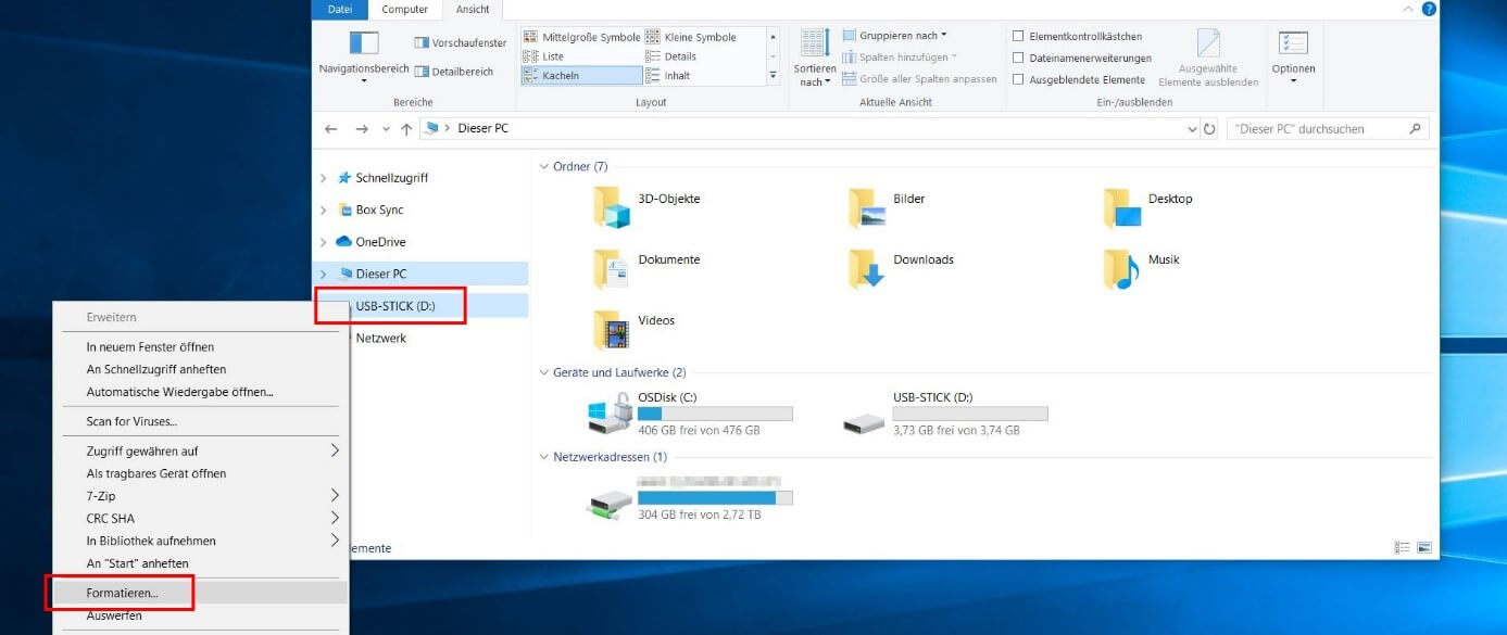 Windows 10: USB-Stick-Eintrag in der Seitenleiste des Explorers