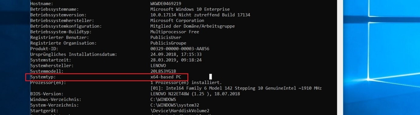 Windows-Eingabeaufforderung: Ausgabe des Befehls „systeminfo“
