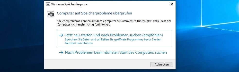 Windows-Speicherdiagnose: Startdialog