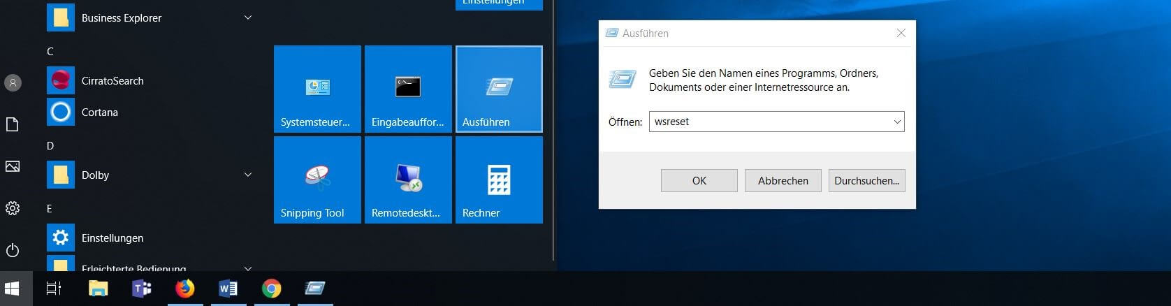 Windows 10: Start von wsreset via „Ausführen“