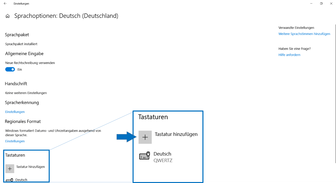 Sprachoptionen in Windows 10: Tastatur hinzufügen
