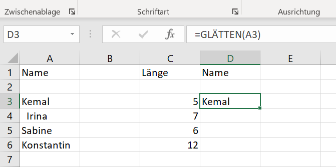 Excel: Mit GLÄTTEN-Funktion überzählige Zeichenzahl entfernen