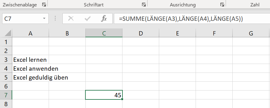 Excel: LÄNGE- und SUMME-Funktion im Paket