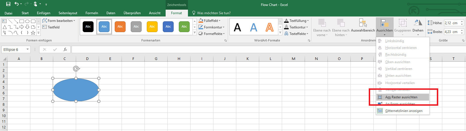 Auswahlmenü für die Funktion Am Raster ausrichten in Excel