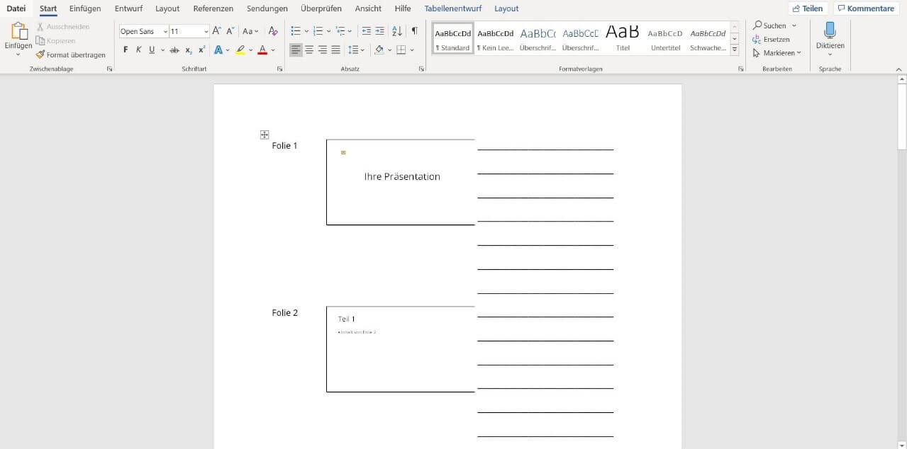 Exportierte PowerPoint-Präsentation mit Notizlinien in Microsoft Word