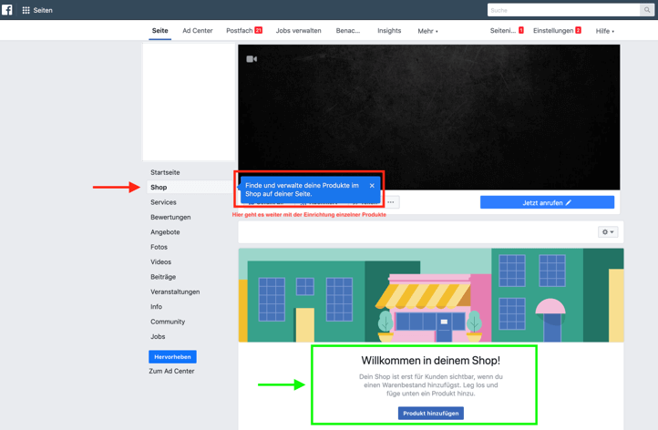 Facebook-Menü zum Hinzufügen von Produkten in den Shop
