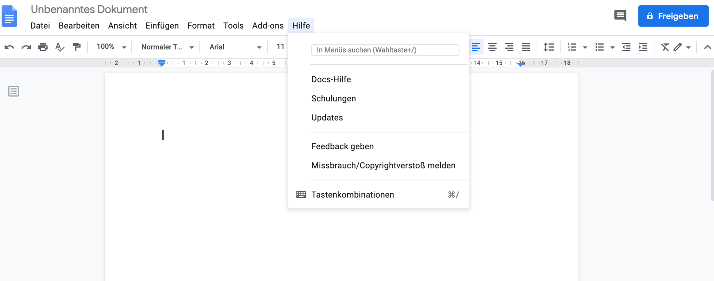 Google-Docs-Shortcuts aufrufen über das „Hilfe“-Menü