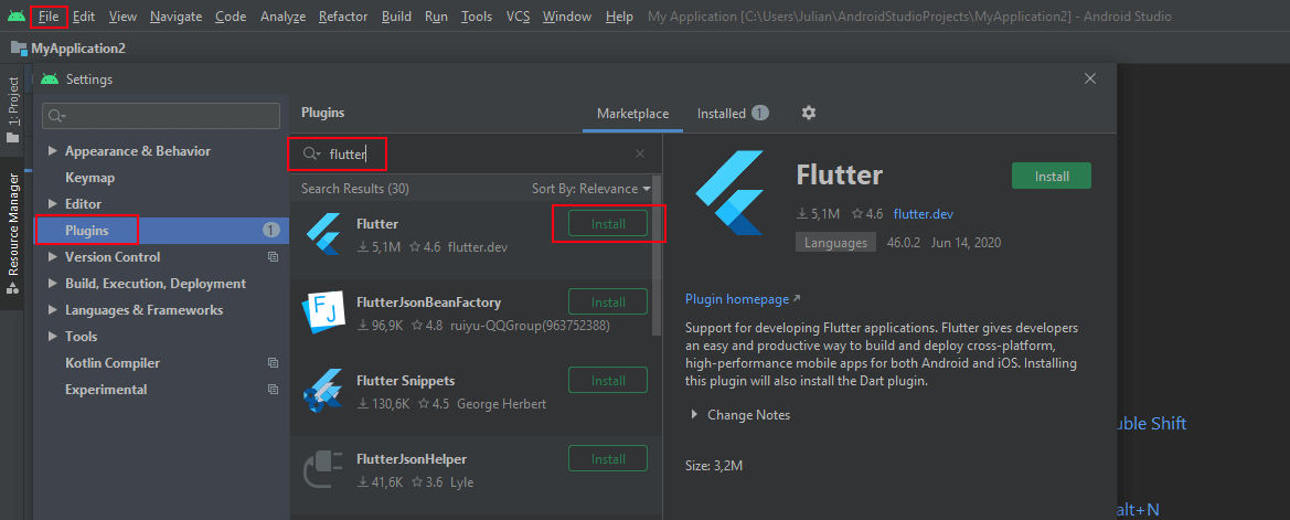 Installation des Flutter-Plugins in Android Studio