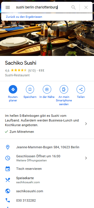 Google MyBusiness-Unternehmensprofil eines Sushi-Restaurants