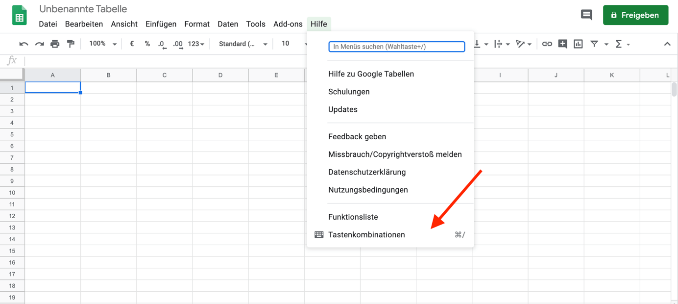 Google Tabellen: Shortcuts-Eintrag im Hilfe-Menü