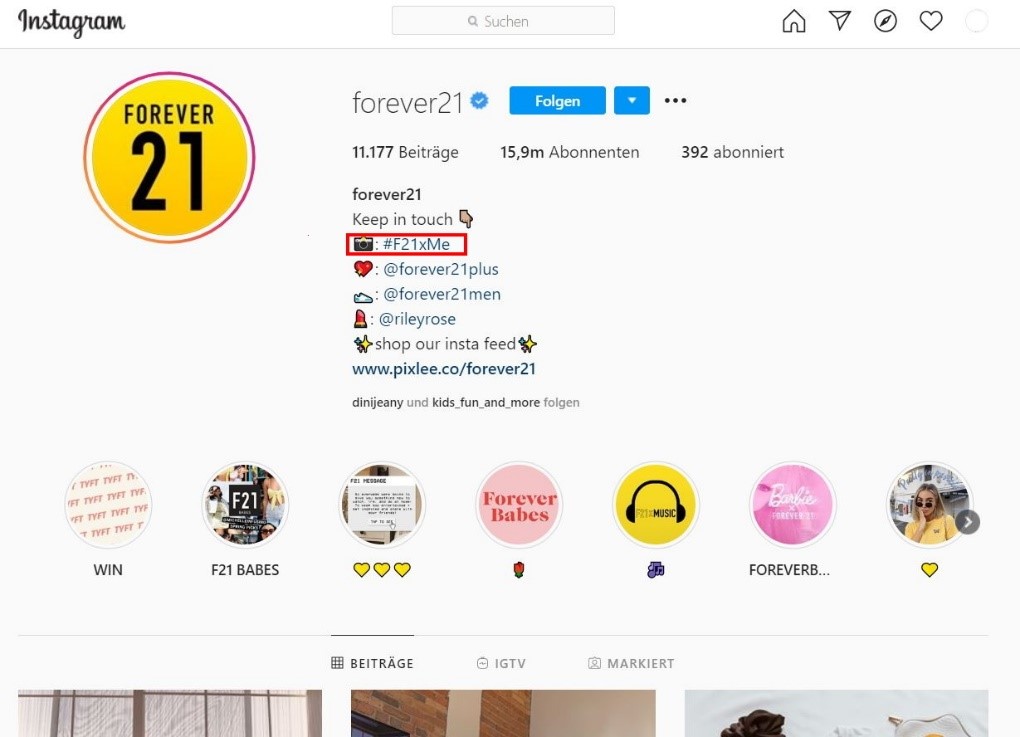 Community-Hashtag in der Instagram-Bio von Forever21