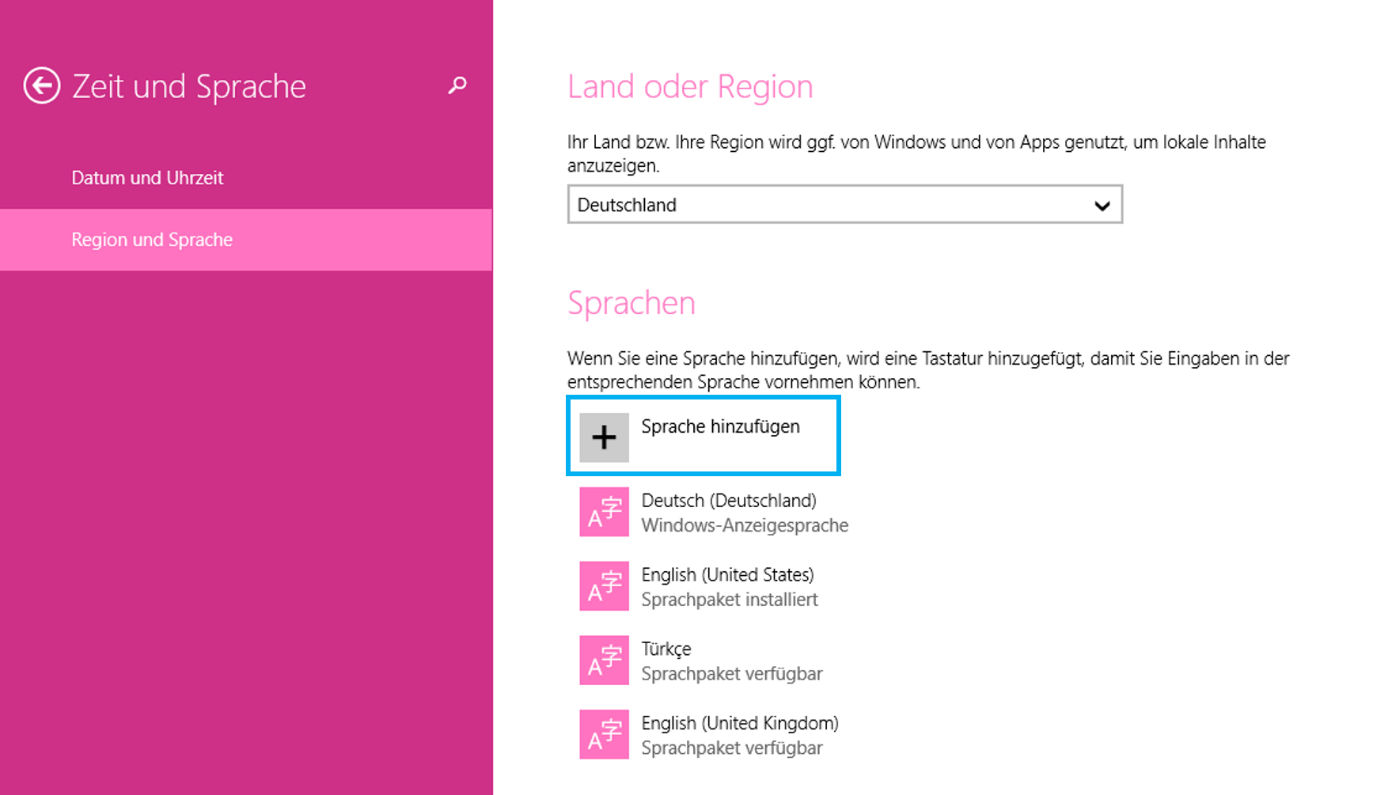 Einstellungen für „Region und Sprache“ in Windows 8