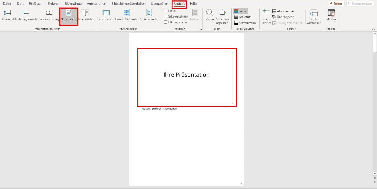 PowerPoint Notizseite ohne Folien