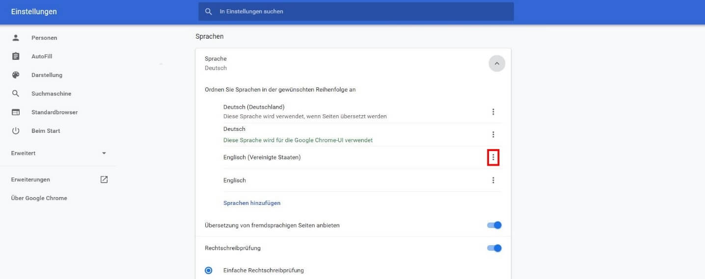 Sprache auswählen „Sprachen“-Menü im Browser Google-Chrome